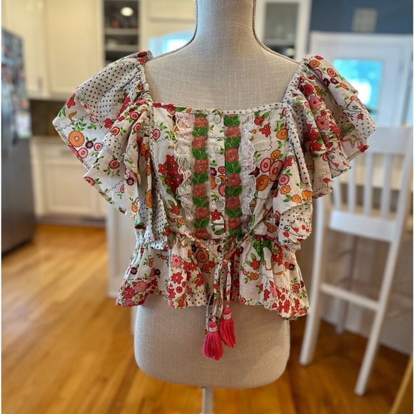 Gipsy Queen white pink green embroidered floral ruffle trim bohemian crop top - Picture 1 of 9